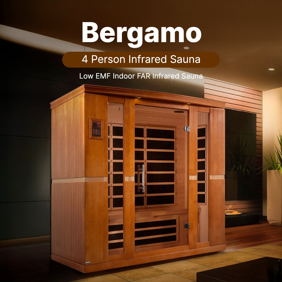 Dynamic Bergamo infrared sauna with 4-person capacity, eco-conscious Hemlock wood, and full-body infrared heat therapy for daily wellness.