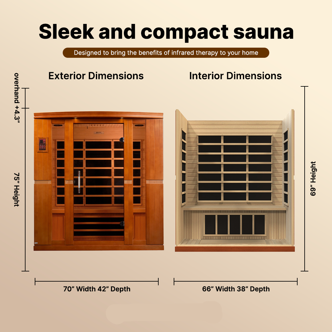 Dynamic Bergamo 4-person FAR Infrared Sauna DYN-6440-01 with Canadian Hemlock wood construction, low EMF heating panels, and spacious home spa wellness design.