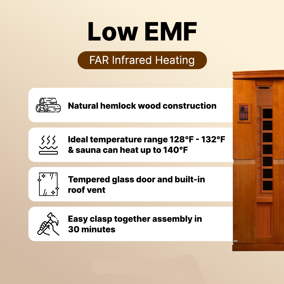 Dynamic Bergamo 4-person infrared sauna featuring eco-friendly Hemlock wood, FAR infrared heat therapy, and low EMF technology for safe relaxation at home.