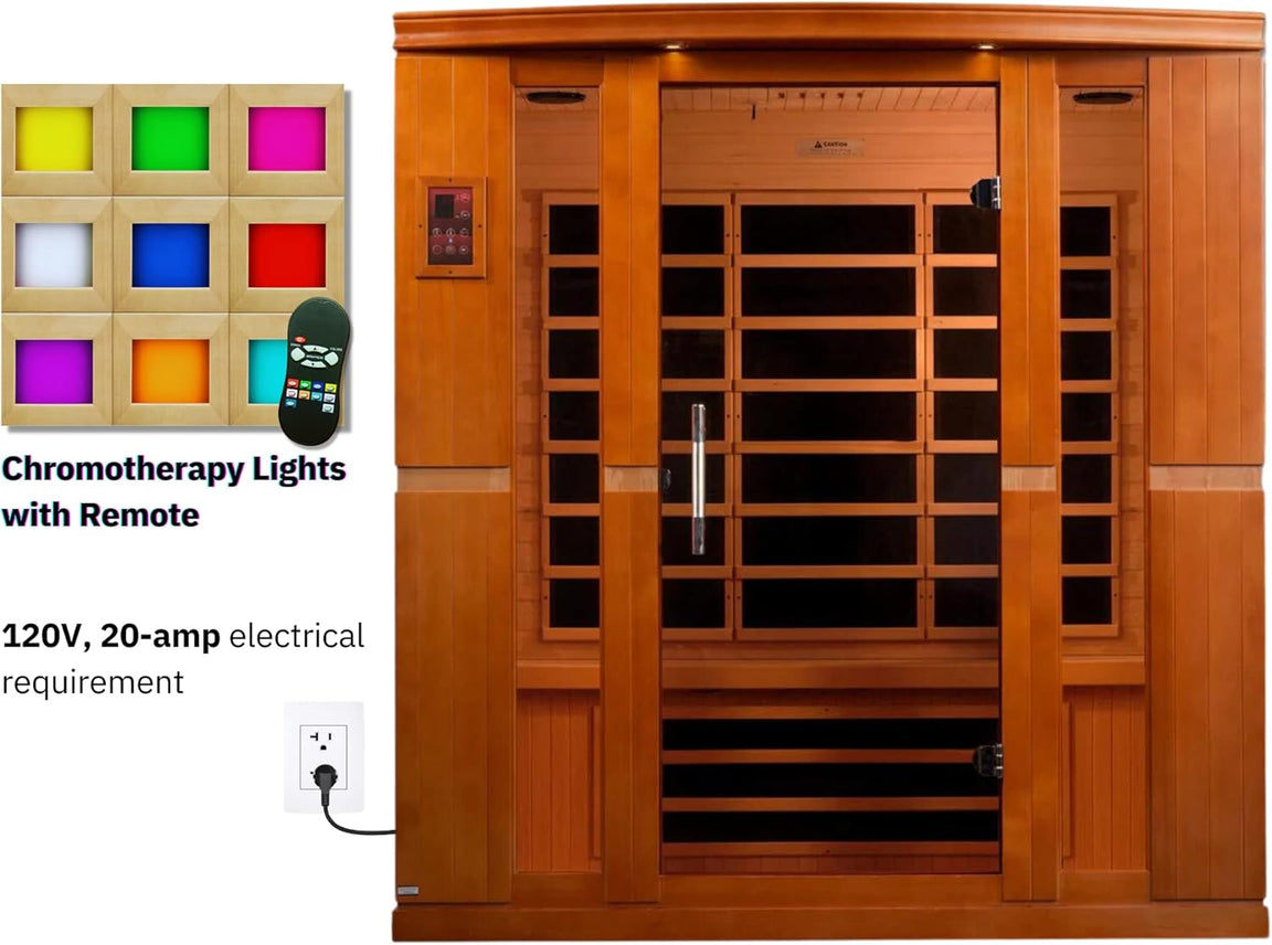 DYN-6440-01 Bergamo infrared sauna cabin built for 4 people with low EMF FAR infrared panels and premium natural Hemlock wood finish.