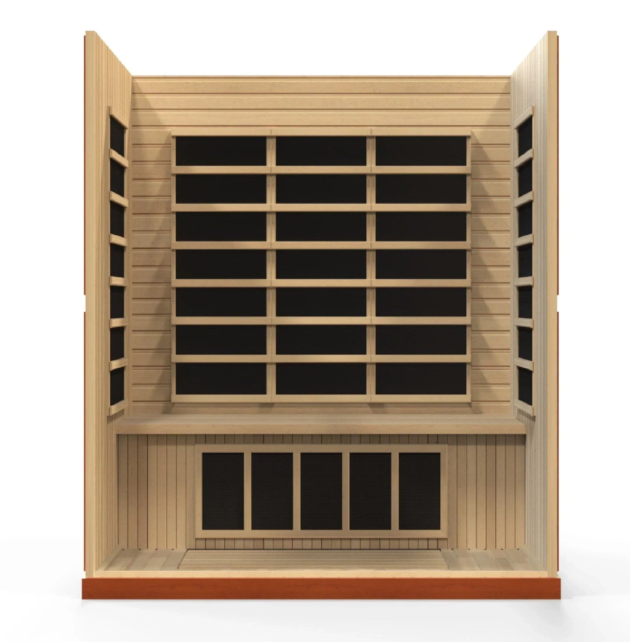 Dynamic Bergamo 4-person sauna cabin with FAR infrared heaters, eco-conscious Canadian Hemlock wood, and soothing home spa relaxation environment.