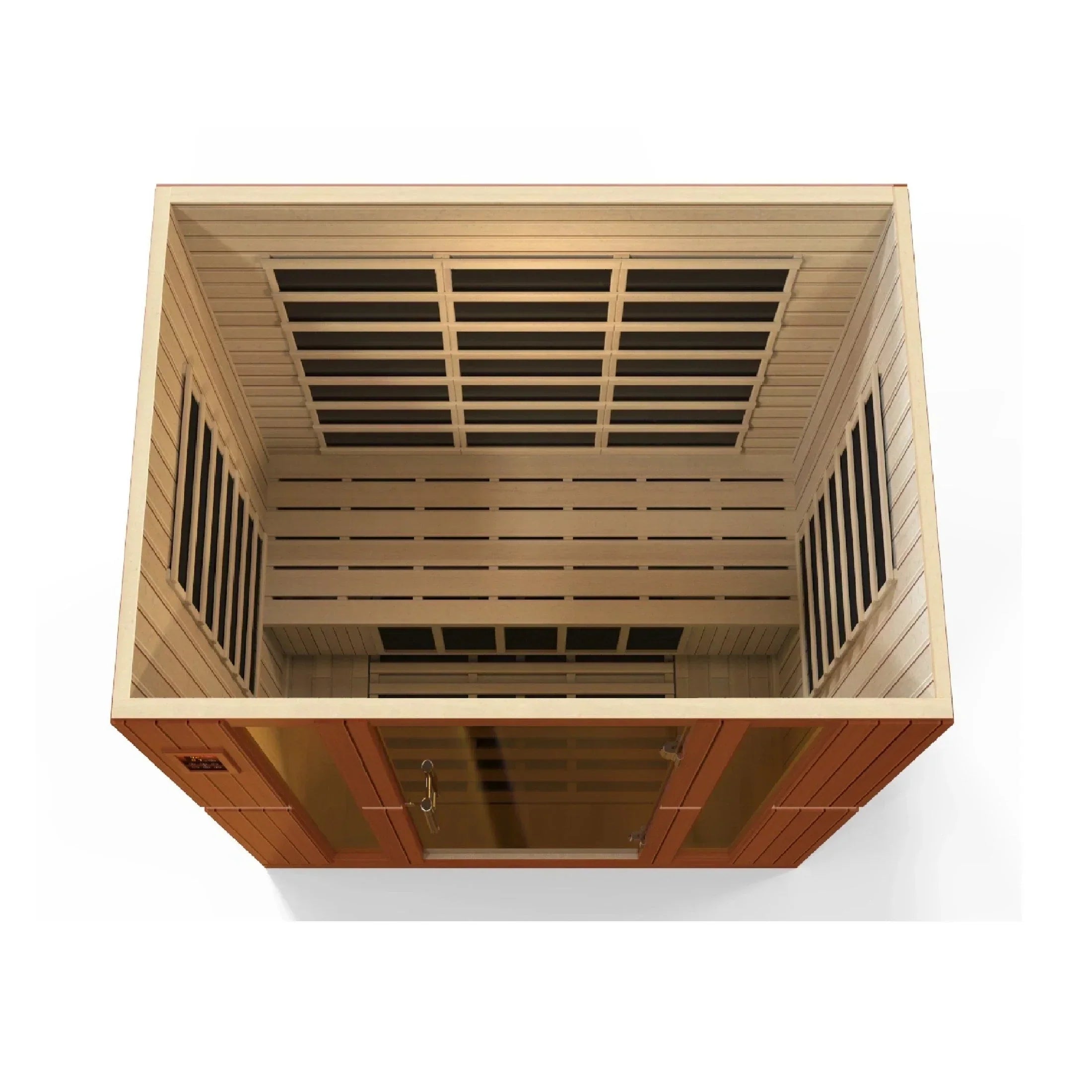 4-person indoor infrared sauna Dynamic Bergamo DYN-6440-01 with natural wood finish, FAR infrared therapy, and efficient low EMF heating technology.