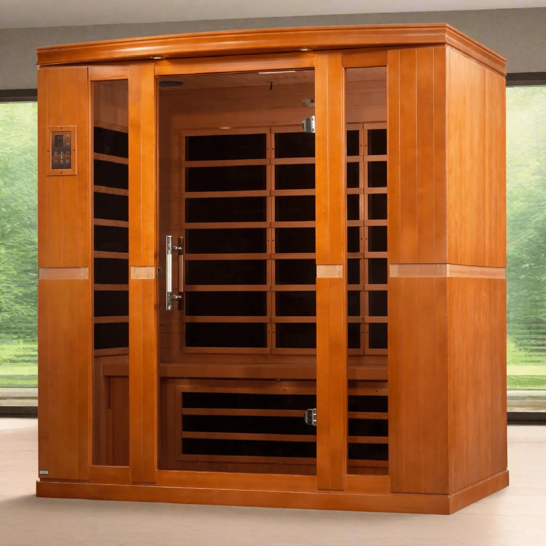 DYN-6440-01 Bergamo 4-person low EMF FAR infrared sauna with premium wood finish, energy-efficient heating panels, and modern indoor spa experience.