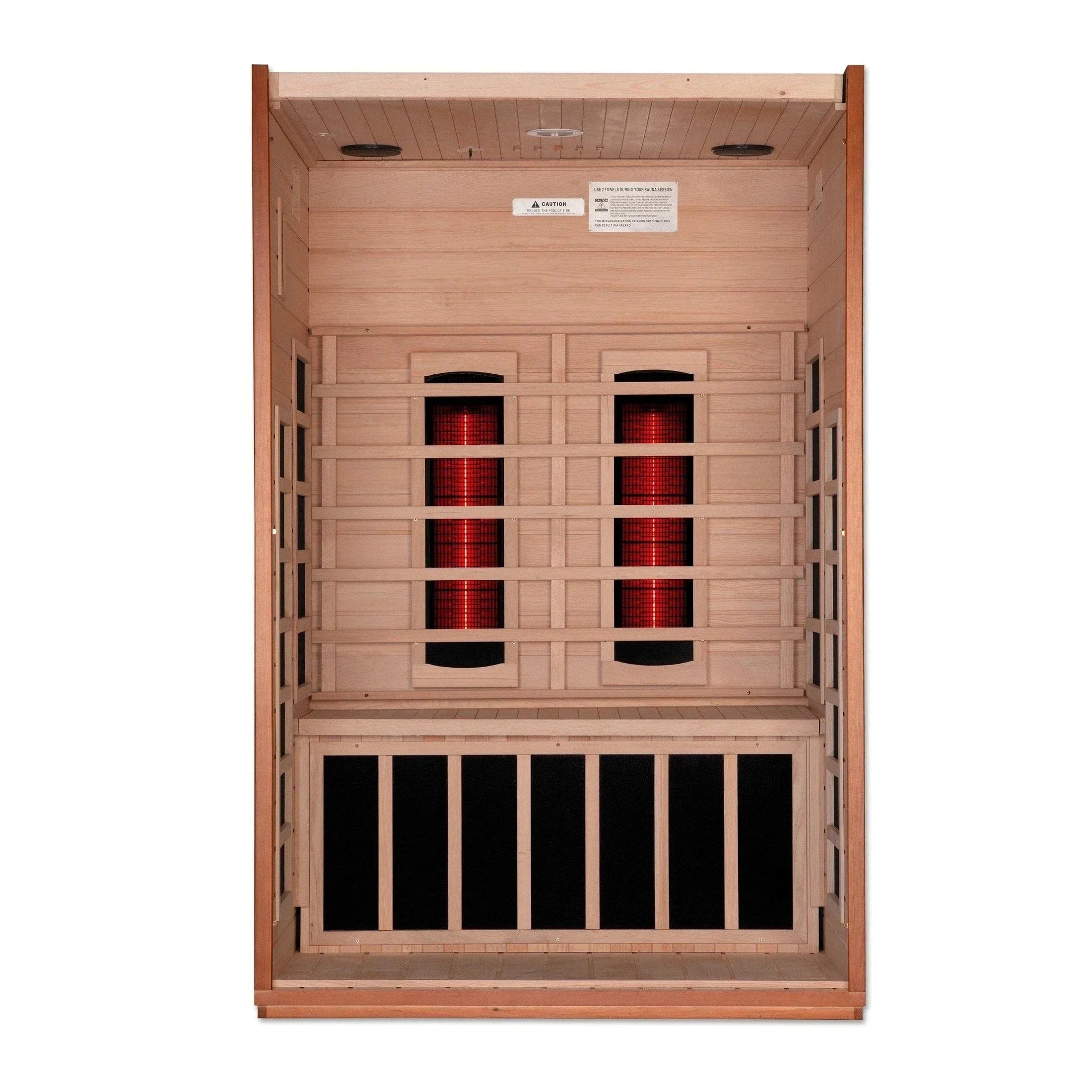 Dynamic Cordoba 2-person infrared sauna with full spectrum heating, near zero EMF technology, Canadian Hemlock wood construction, and compact indoor wellness design. DYN-6203-02
