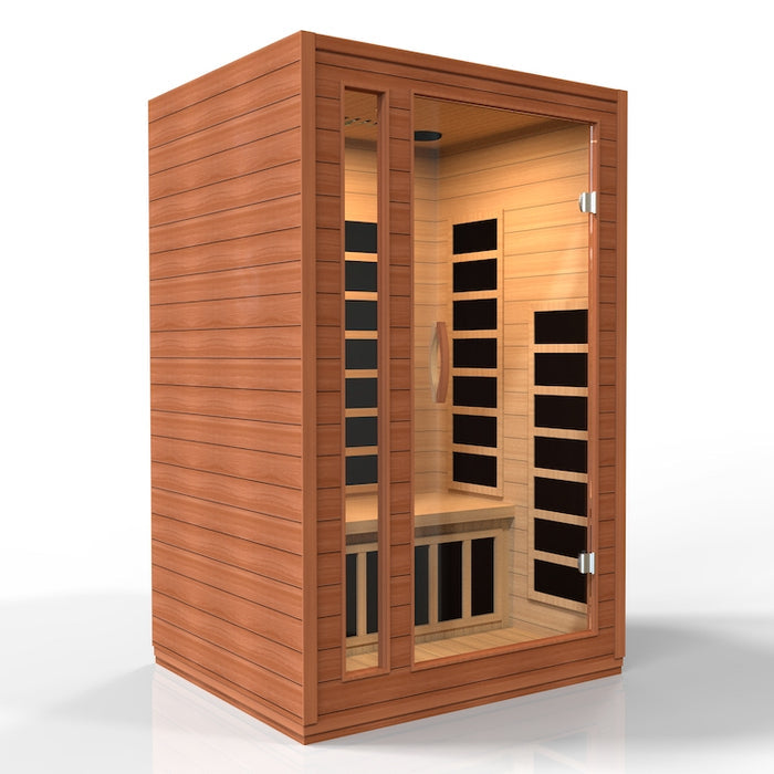 Dynamic Cordoba Elite 2-person FAR infrared sauna indoor model with compact design, Canadian Hemlock wood, and low EMF safe heating system.
