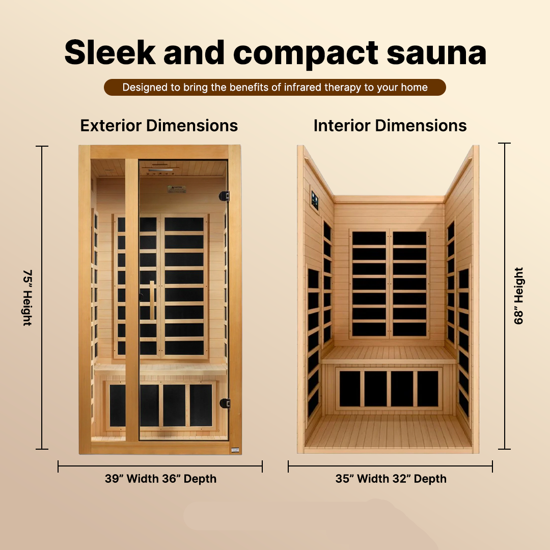 Compact Dynamic Gracia DYN-6119-01 infrared sauna for indoor use featuring Canadian Hemlock wood and energy-efficient FAR infrared technology DYN-6119-01