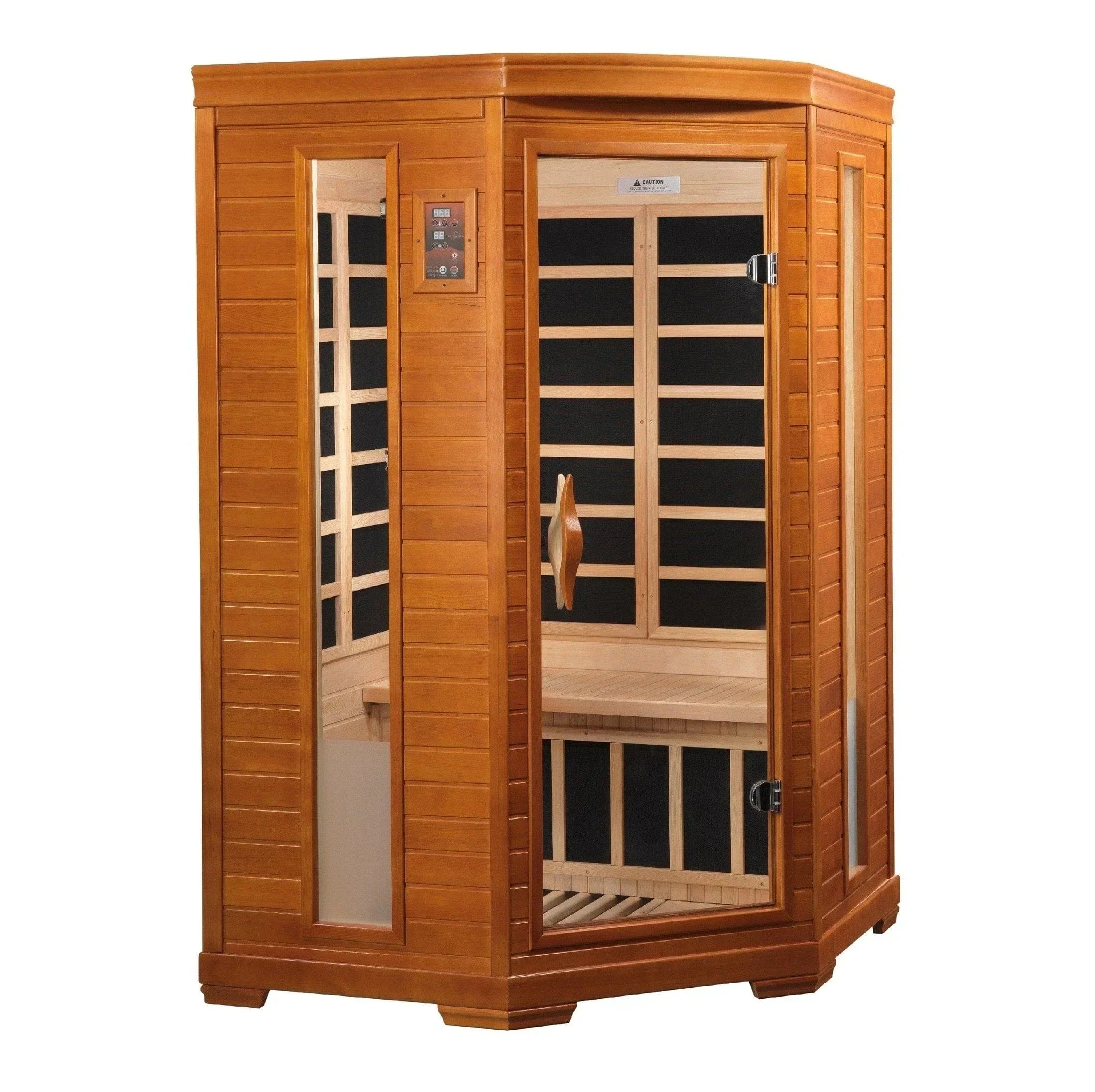 Dynamic Heming Elite 2-Person Corner Ultra Low EMF FAR Infrared Sauna DYN-6225-02 made with Canadian Hemlock wood, PureTech™ low EMF heating, and compact home wellness design