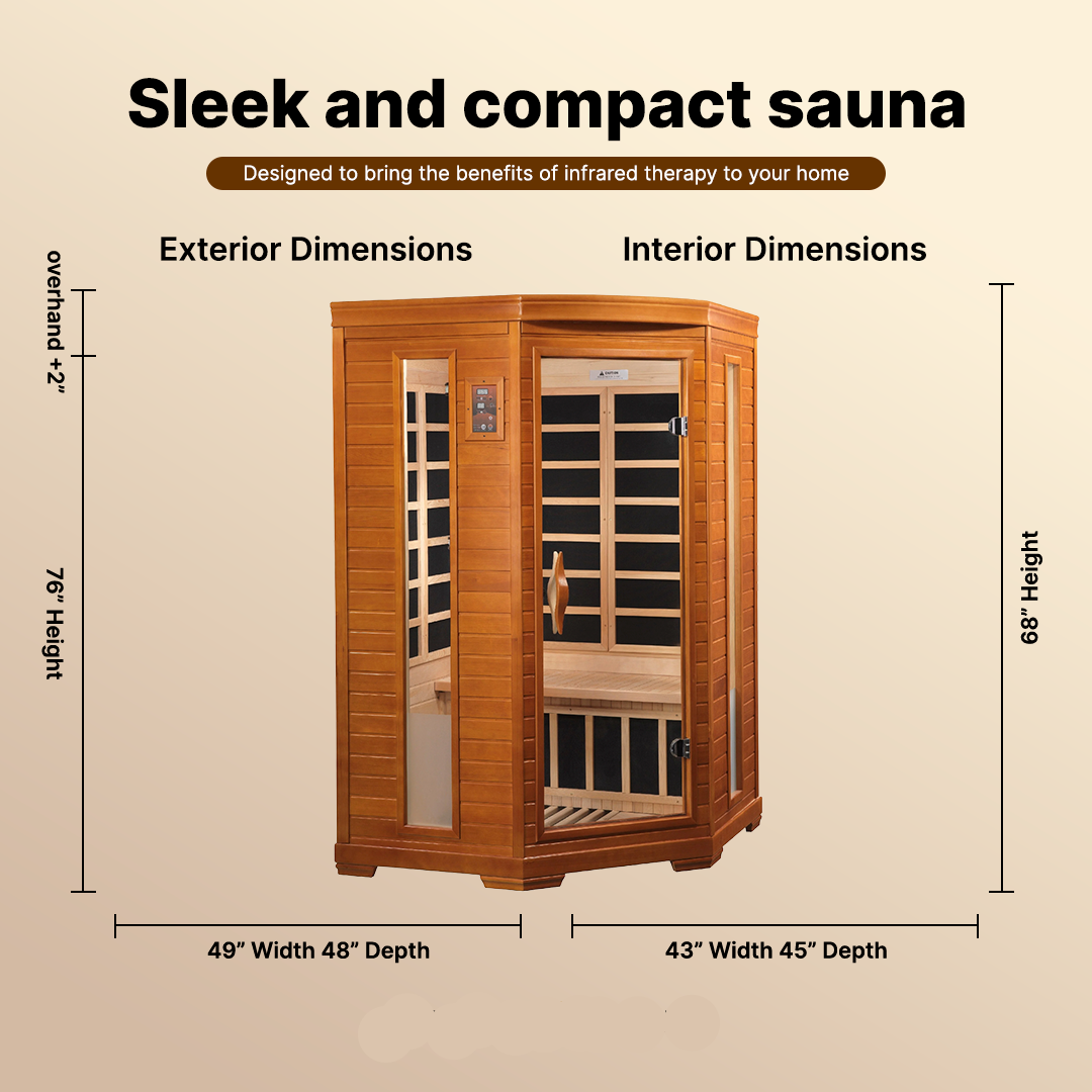Compact 2-person infrared sauna with PureTech™ low EMF heating system and premium Hemlock wood finish