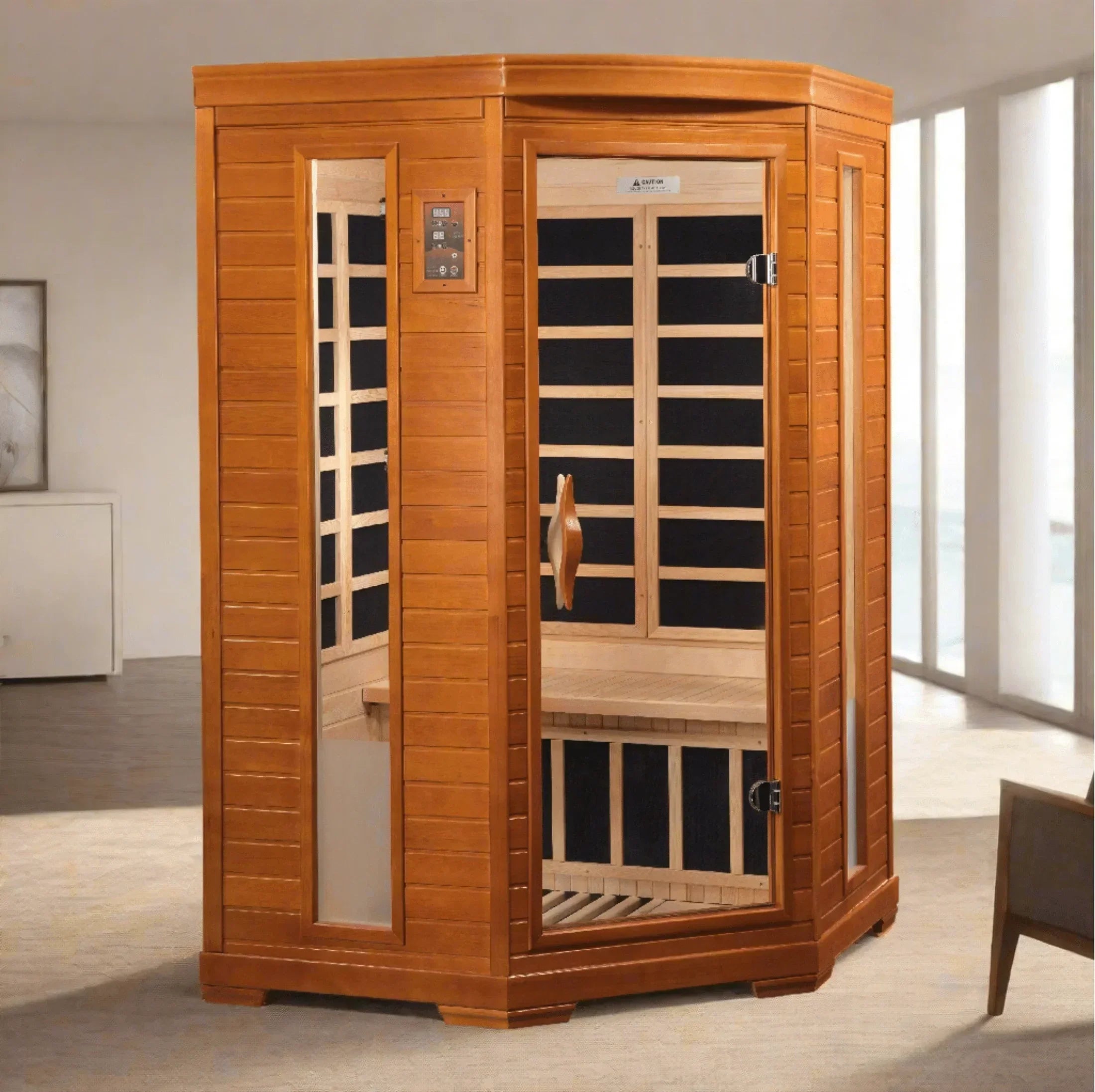 Dynamic Heming Elite indoor sauna with sustainable Canadian Hemlock build and low EMF FAR infrared technology