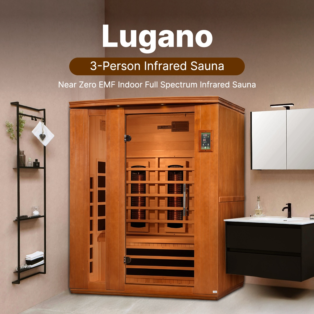 Premium home infrared sauna Dynamic Lugano for 3 people featuring full spectrum heating and modern glass front spa cabin design