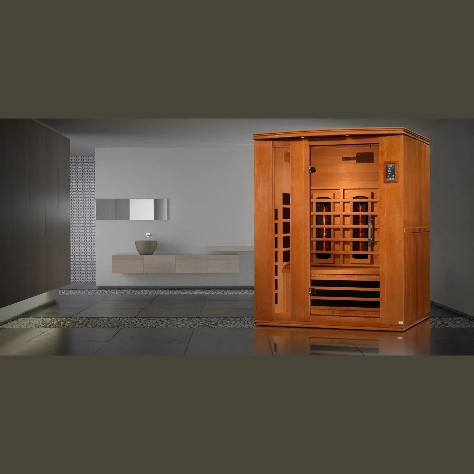 Modern indoor Dynamic Lugano 3-person full spectrum infrared sauna with MP3 connectivity, privacy glass, and wellness-focused design