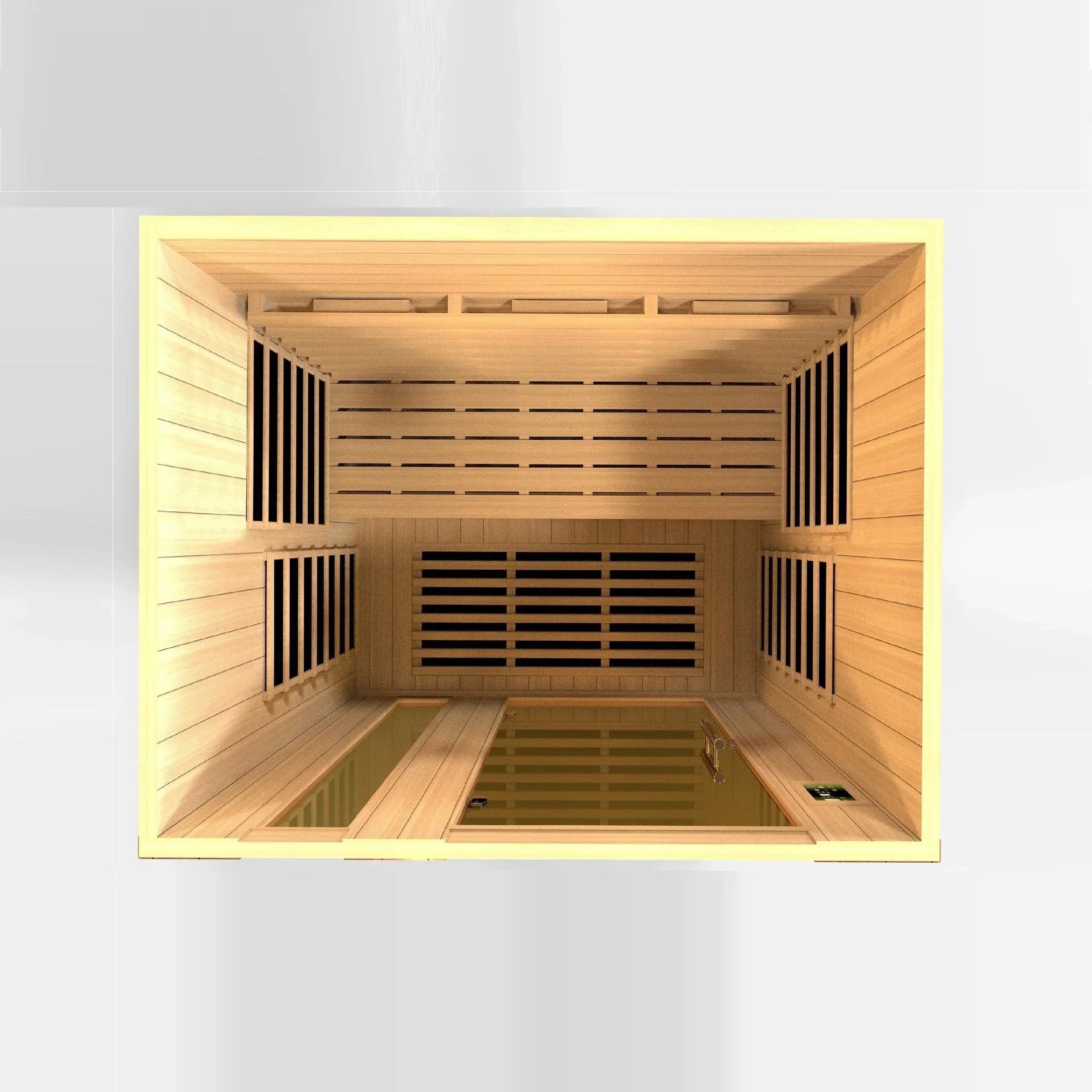 Dynamic Lugano Canadian Hemlock infrared sauna for 3 people featuring chromotherapy LED lighting and Bluetooth audio relaxation system