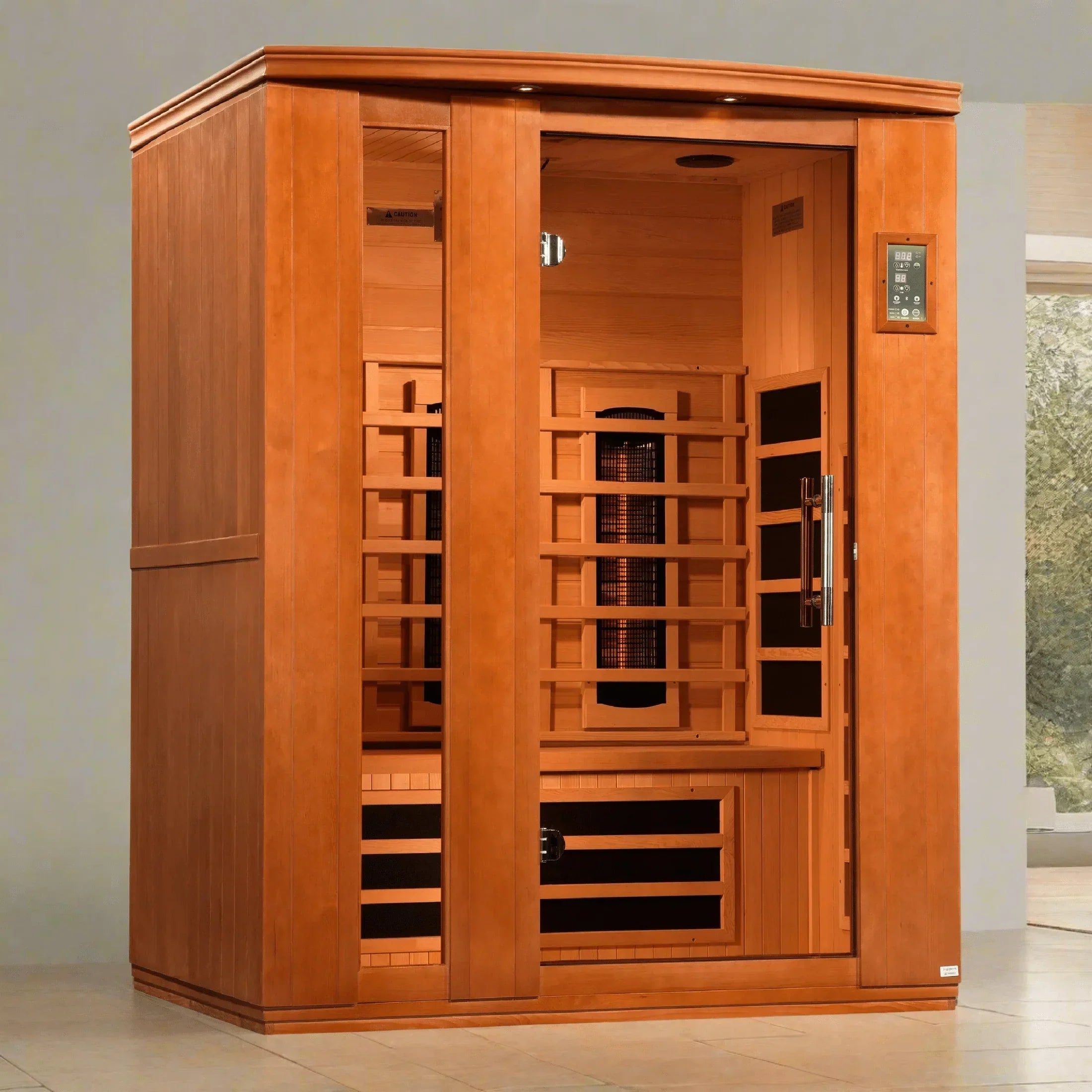Home wellness spa featuring Dynamic Lugano 3-person Full Spectrum infrared sauna with glass front, LED lighting, and Canadian Hemlock finish