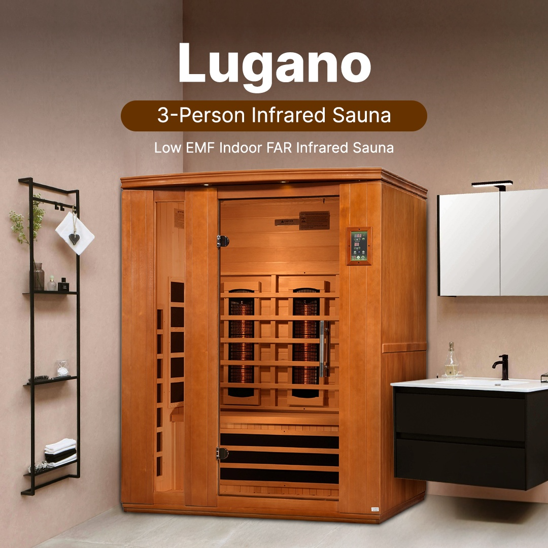 Dynamic Saunas Lugano DYN-6336-02 infrared sauna cabin built with Canadian Hemlock wood and advanced low EMF infrared heating system.