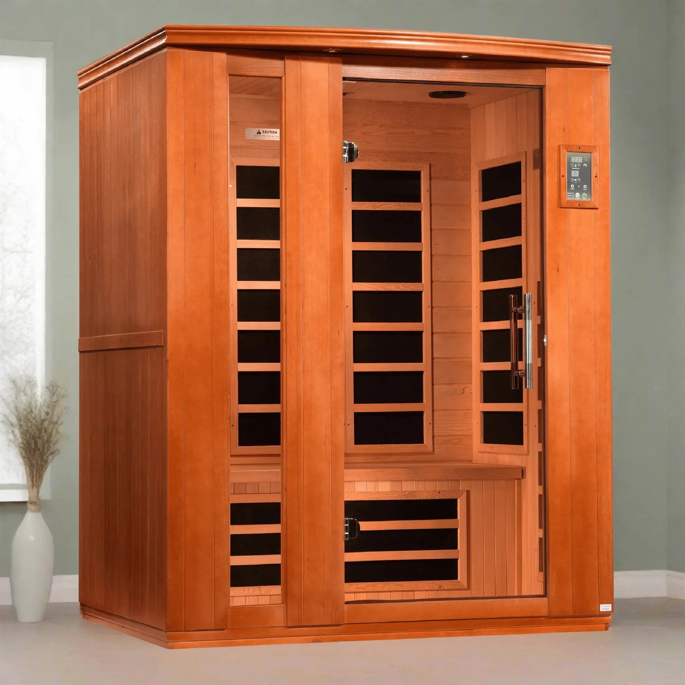 Dynamic Lugano infrared sauna DYN-6336-02 featuring eco-friendly design, low electromagnetic exposure, and advanced FAR infrared heat therapy system.