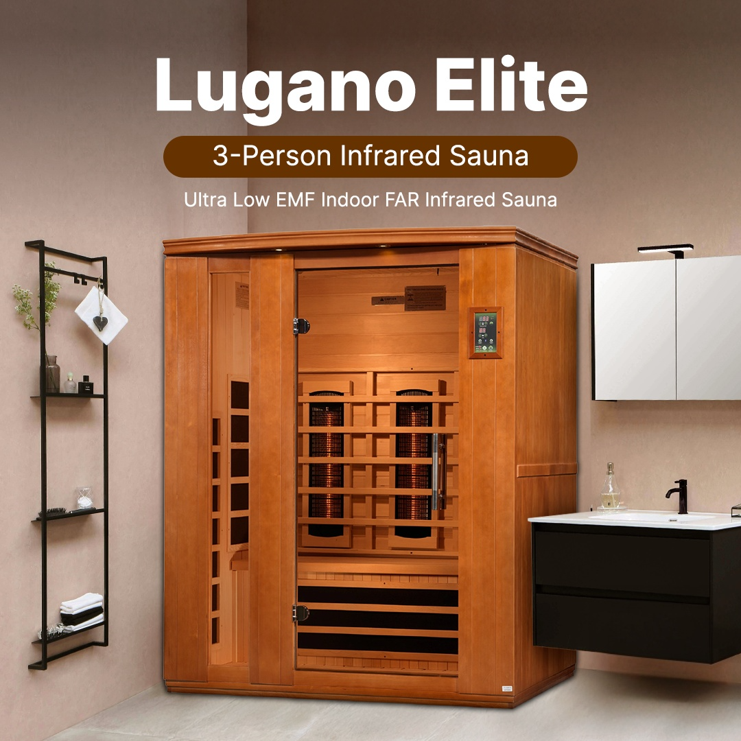Premium Dynamic Lugano FAR infrared sauna for 3 people with Ultra Low EMF heating, chromotherapy lighting, and modern wellness spa design