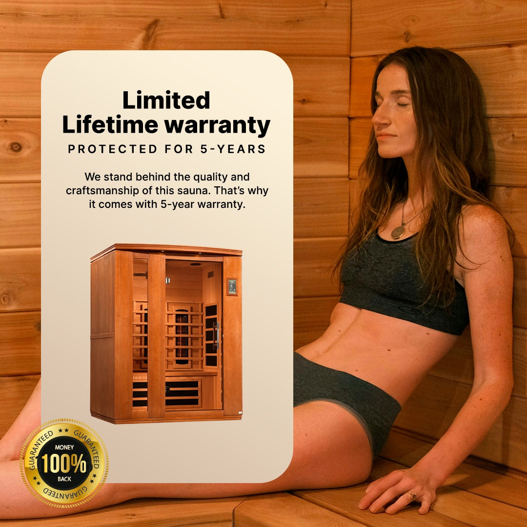 Dynamic Lugano Elite 3-person infrared sauna DYN-6336-02 featuring Canadian Hemlock wood construction and PureTech infrared heating system