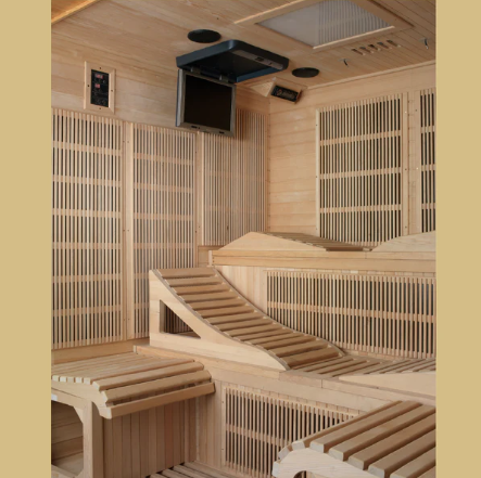 6 person Dynamic Monaco infrared sauna featuring PureTech Ultra Low EMF heating technology and modern home spa comfort