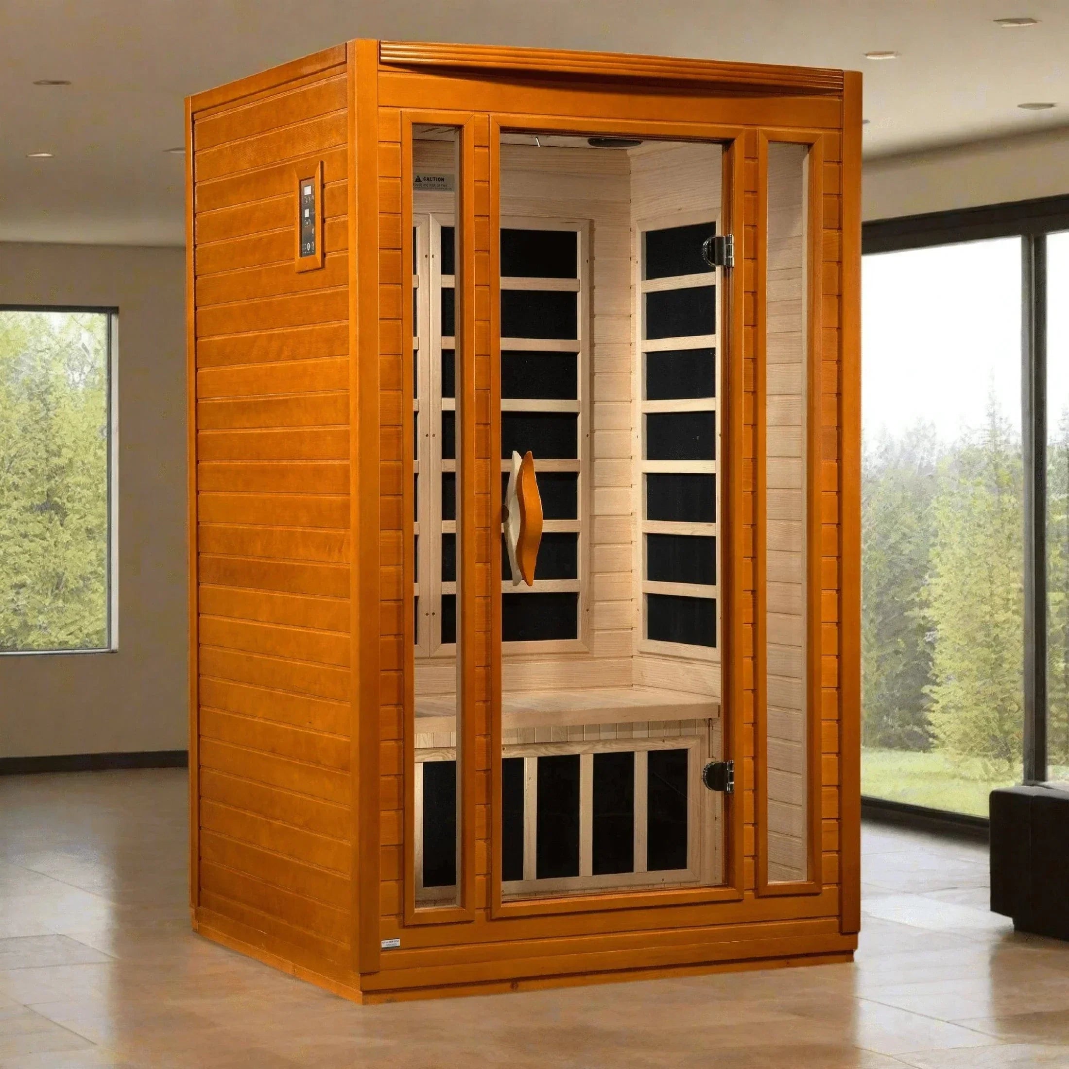 2-person Dynamic San Marino FAR infrared sauna DYN-6206-01 with low EMF heating, Canadian Hemlock wood, and built-in Bluetooth sound system for home spa relaxation.