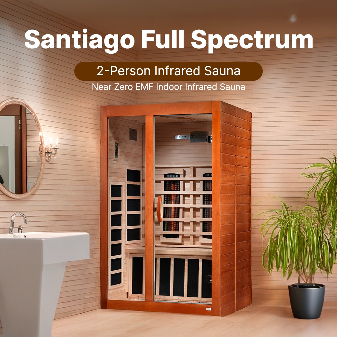 Dynamic Santiago 2-person wellness sauna with full spectrum infrared panels and ergonomic seating interior
