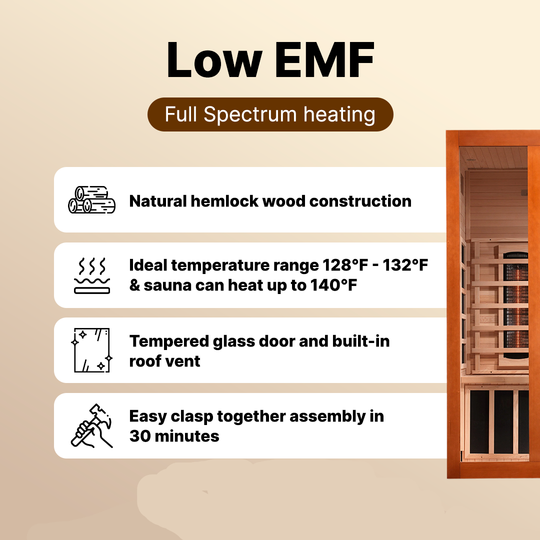 Dynamic Santiago 2-person full spectrum infrared sauna DYN-6209-03 FS with near zero EMF and Canadian Hemlock wood interior
