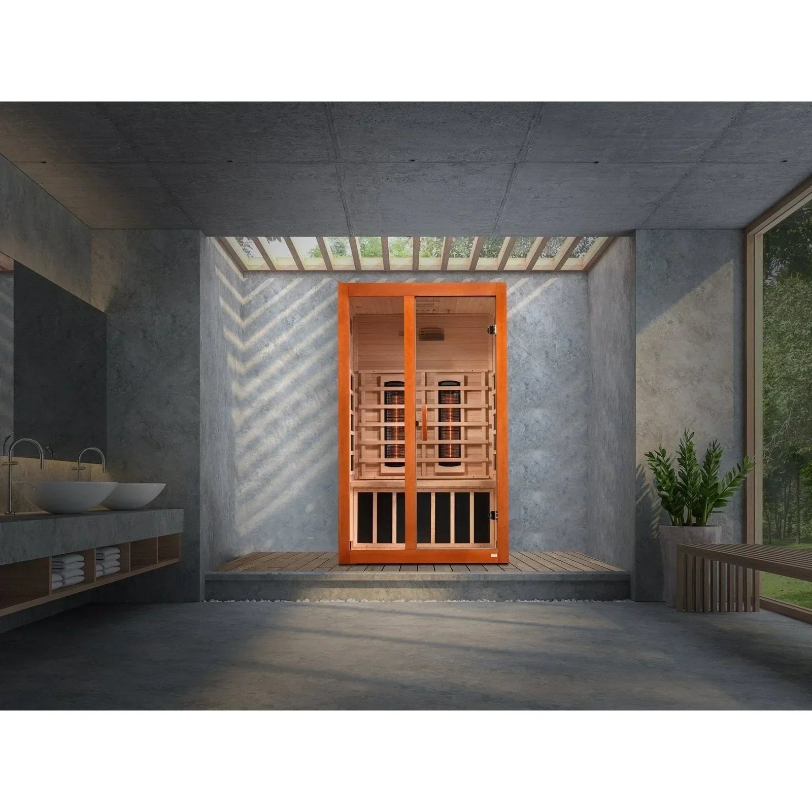 Premium Dynamic Santiago infrared sauna for 2 people with full spectrum heating, Bluetooth audio system, and chromotherapy lighting