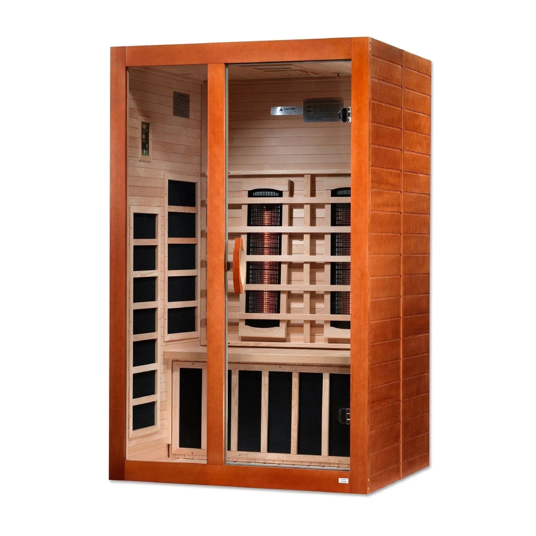 Dynamic Santiago 2-Person Full Spectrum Near Zero EMF Infrared Sauna DYN-6209-03 FS made from Canadian Hemlock wood with Bluetooth audio, chromotherapy lighting, and modern home spa design