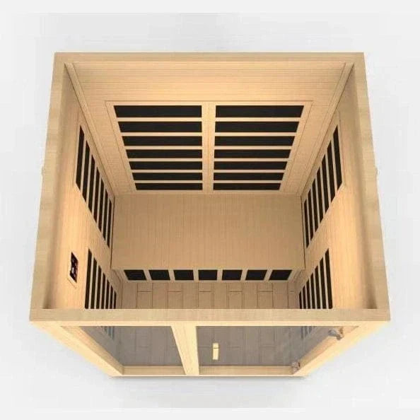 Dynamic Santiago DYN-6209-01 2-person Low EMF FAR infrared sauna built with Canadian Hemlock wood, designed for indoor home spa wellness and deep relaxation therapy.