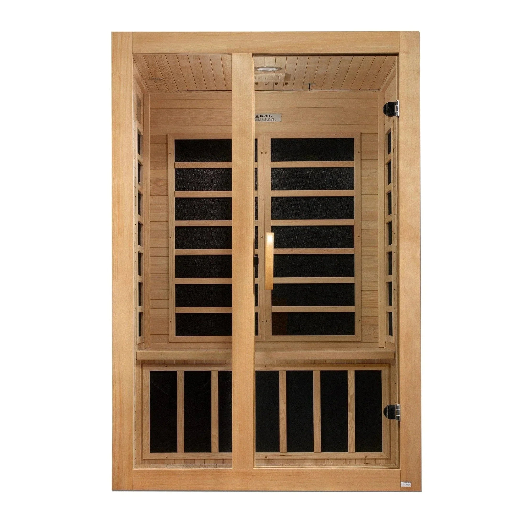 Dynamic Santiago 2-person indoor infrared sauna featuring eco-friendly Canadian Hemlock wood, chromotherapy lighting, and energy-efficient Low EMF FAR heating system for wellness therapy.
