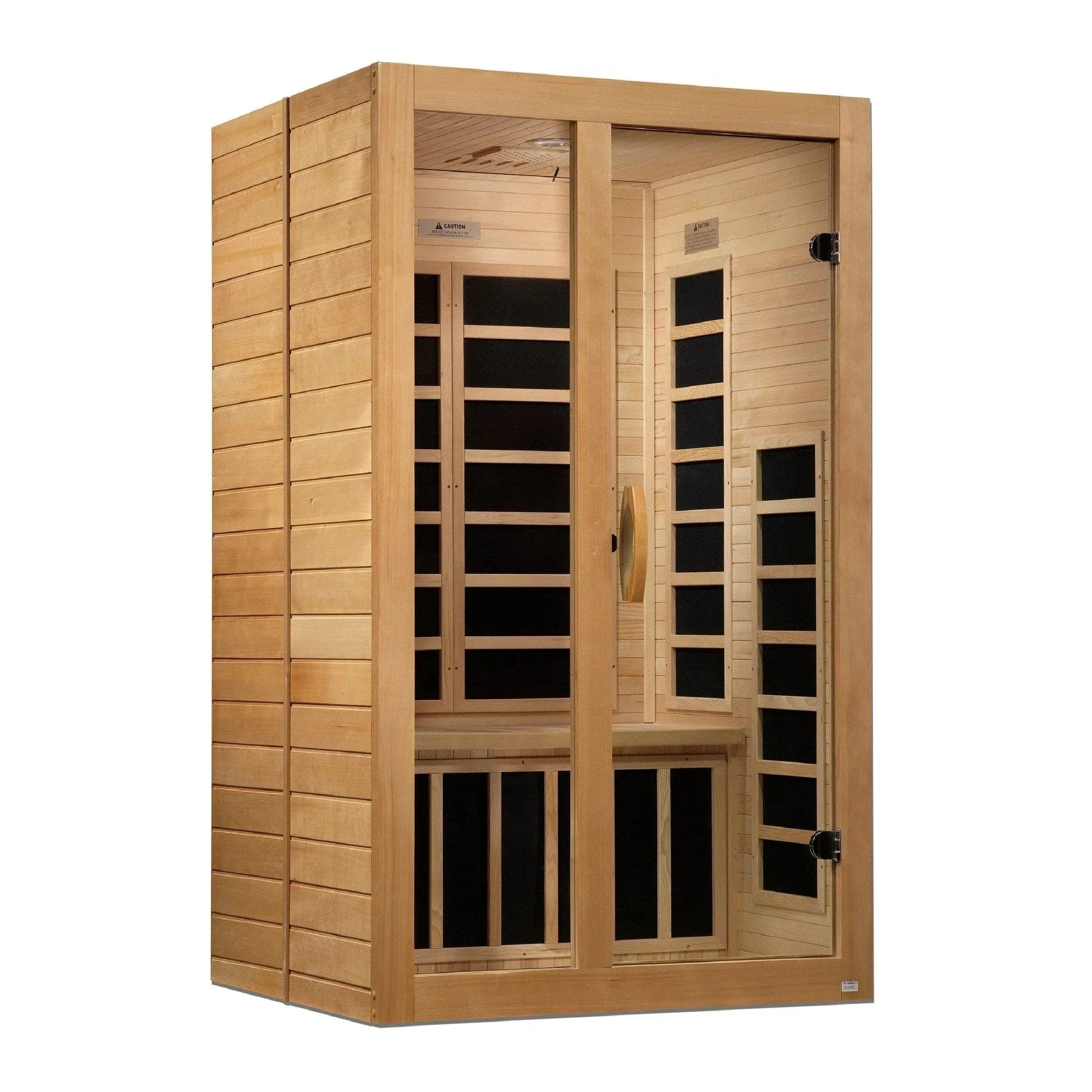 Dynamic Santiago 2-Person Low EMF FAR Infrared Sauna DYN-6209-01 made from premium Canadian Hemlock wood, featuring energy-efficient infrared heating, Bluetooth music system, chromotherapy lighting, and compact indoor spa design for home wellness relaxation.