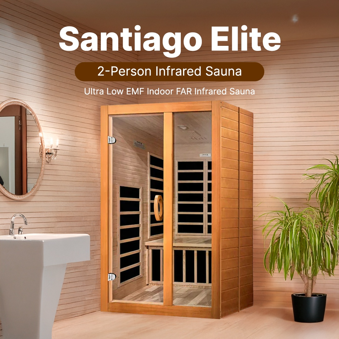 Dynamic Santiago Elite sauna interior illuminated with chromotherapy LED lighting for mood enhancement and stress relief wellness therapy