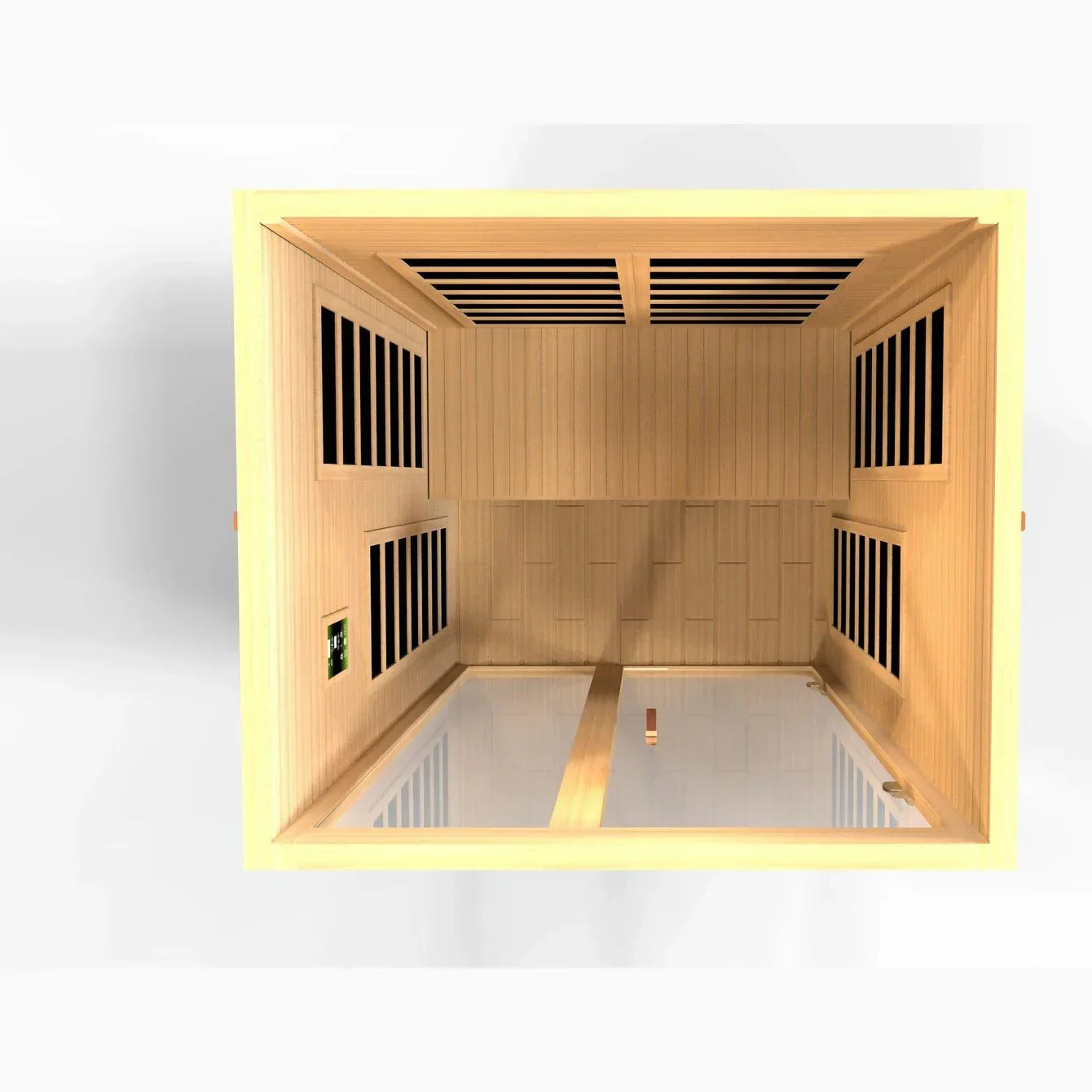 Dynamic Santiago Elite infrared sauna chromotherapy LED lighting system creating calming spa atmosphere for home wellness and stress relief