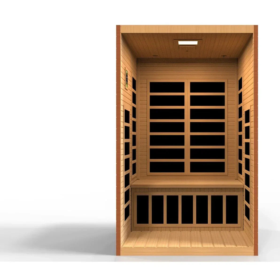 Close-up of Dynamic Santiago Elite 2-person sauna interior seating made from smooth Canadian Hemlock wood designed for comfort and relaxation