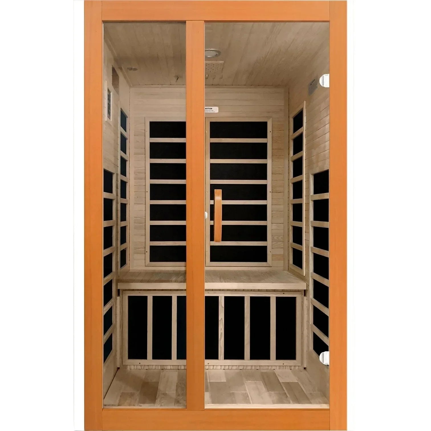 Dynamic Santiago Elite sauna glass door with elegant framing, Canadian Hemlock wood finish, and sleek modern infrared home sauna design