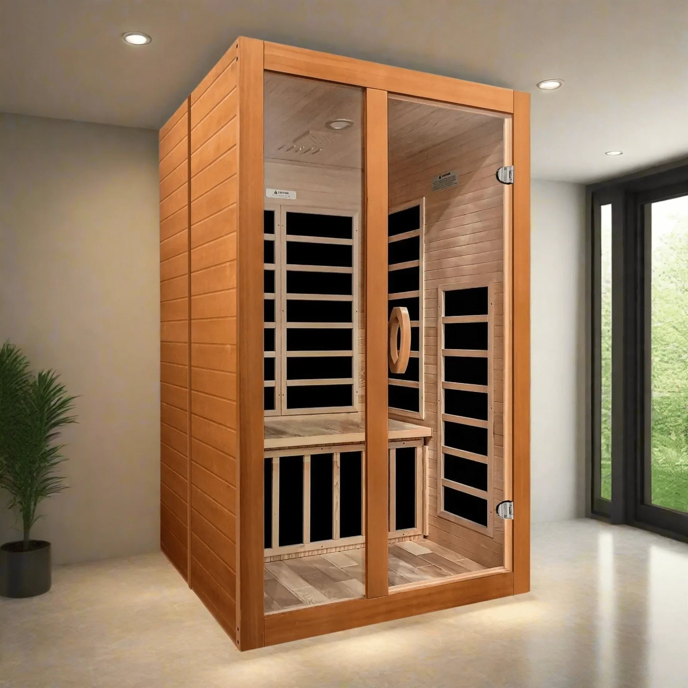 Dynamic Santiago Elite 2-person FAR infrared sauna creating relaxing spa-like experience with low EMF heating, warm lighting, and premium comfort design