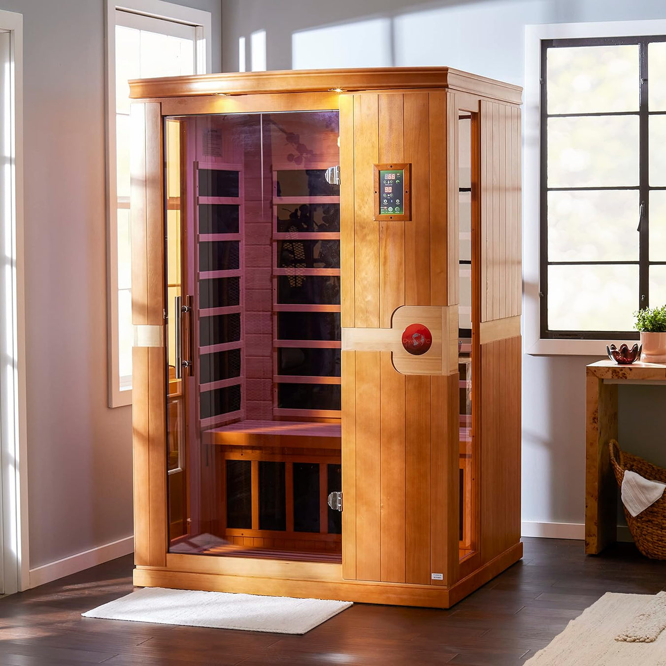 Dynamic Venice 2-person Low EMF FAR infrared sauna DYN-6210-01 with natural Canadian Hemlock wood finish for home spa relaxation and wellness recovery
