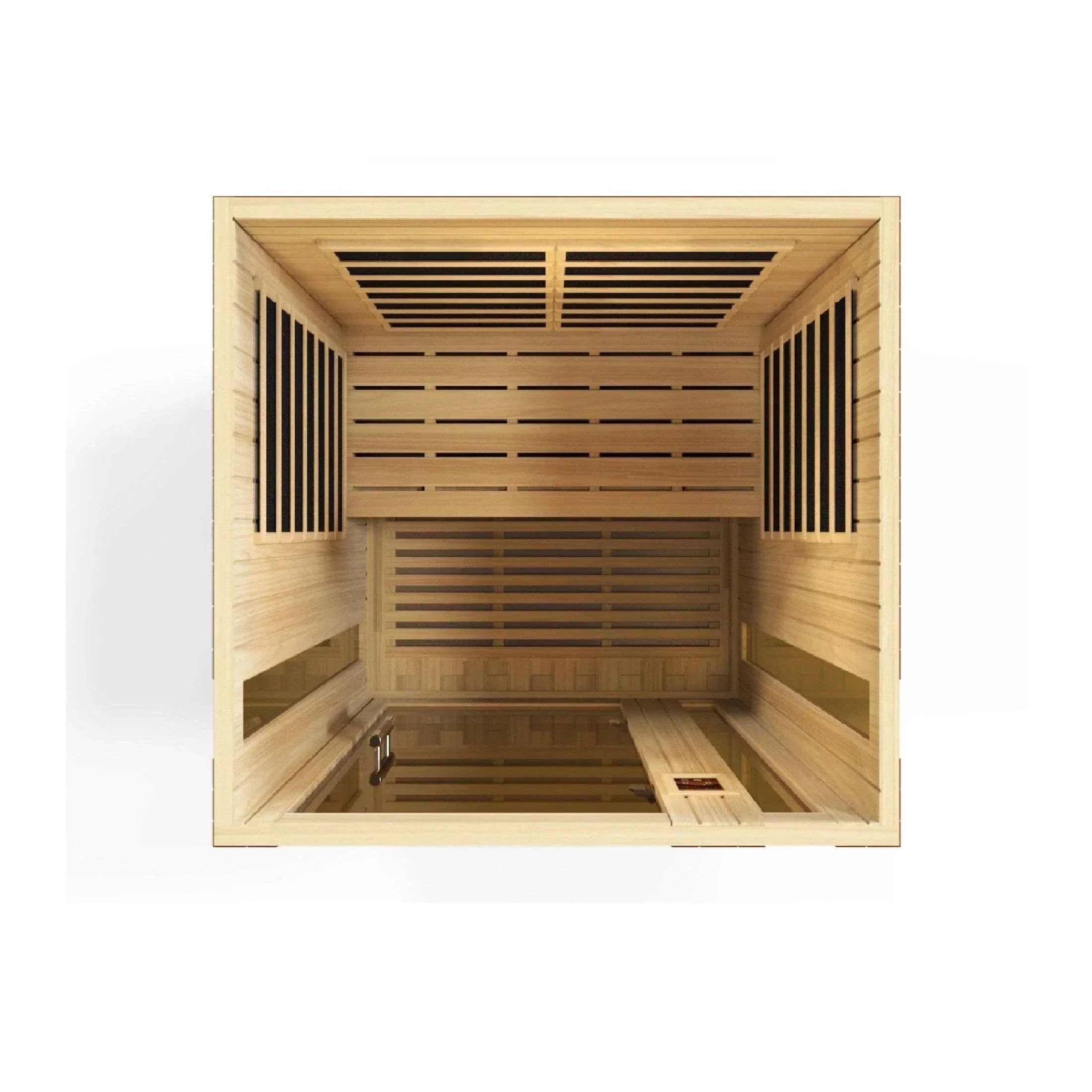 Dynamic Vittoria 2-person indoor infrared sauna cabin DYN-6220-01 with safe low EMF FAR infrared heating, durable Canadian hemlock wood, and modern wellness lighting system