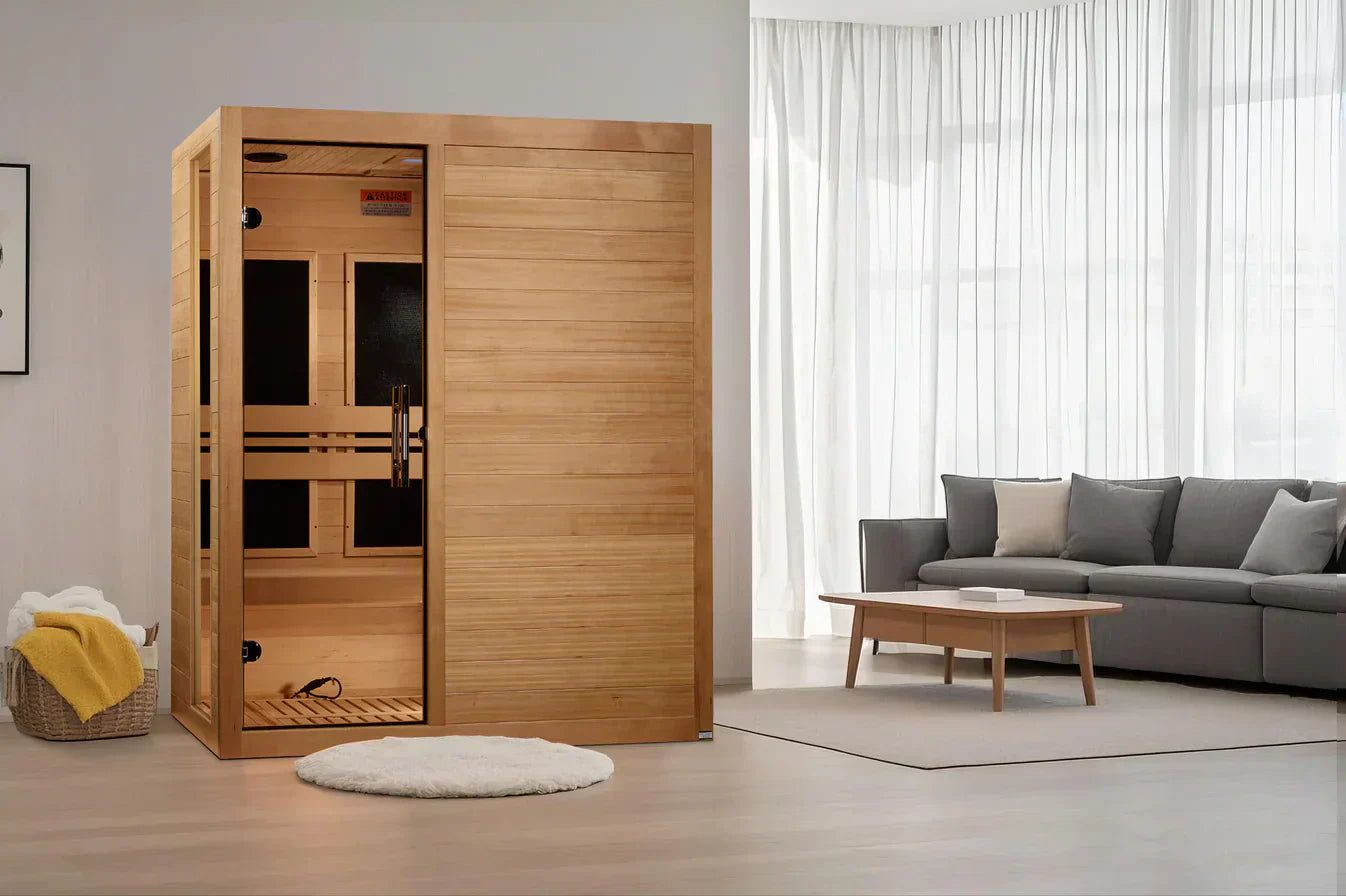 Spacious 3 Person Dynamic Toscana FAR Infrared Sauna 2026 model built with natural Canadian Hemlock wood, modern glass door design, and efficient low EMF heating system.
