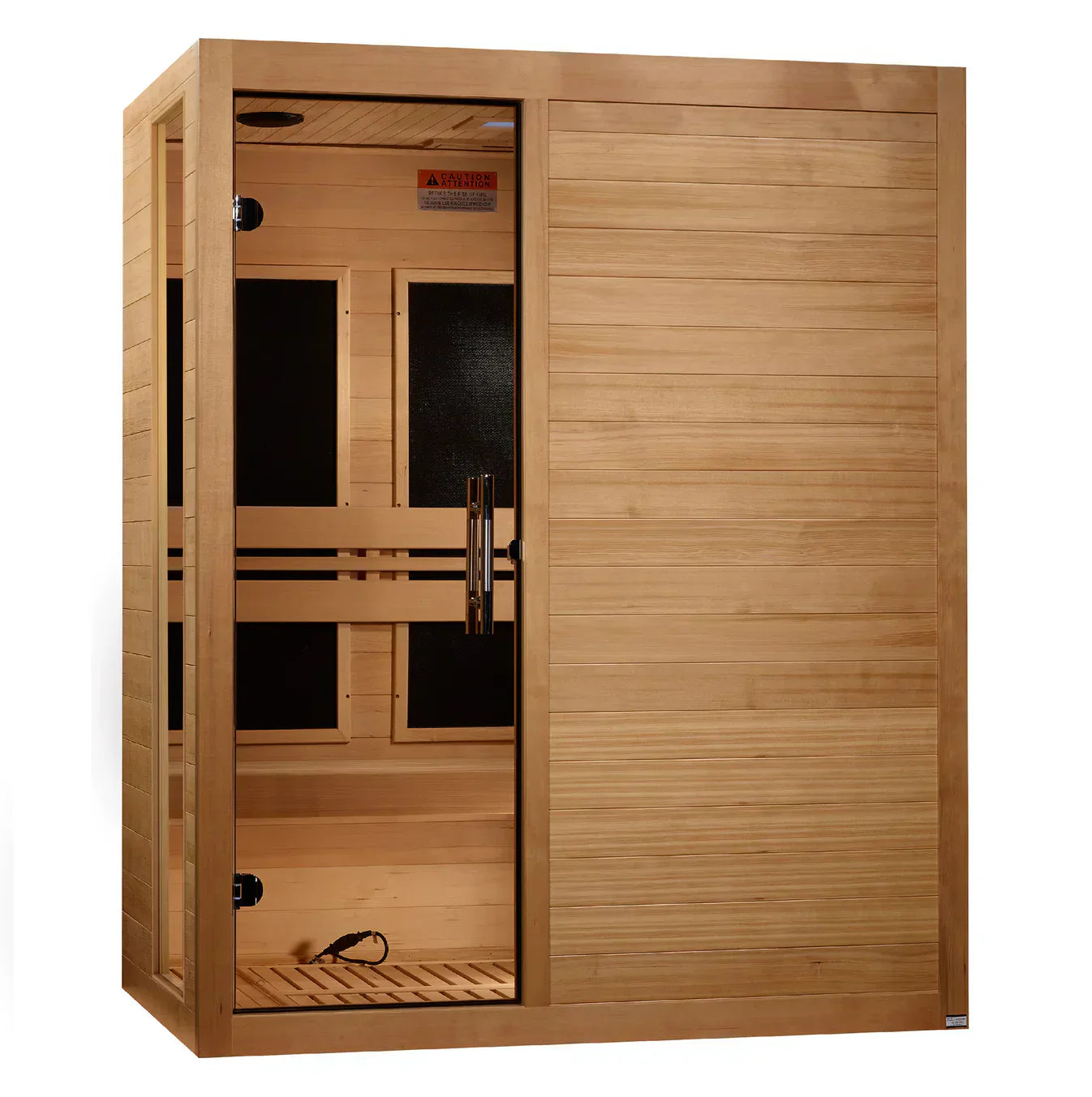 New 2026 Model Dynamic “Toscana” 3 Person Low EMF FAR Infrared Sauna DYN-6315-05 featuring Canadian Hemlock wood construction, spacious 3-person interior, tempered glass door, and modern low EMF infrared heating system for home wellness and relaxation.