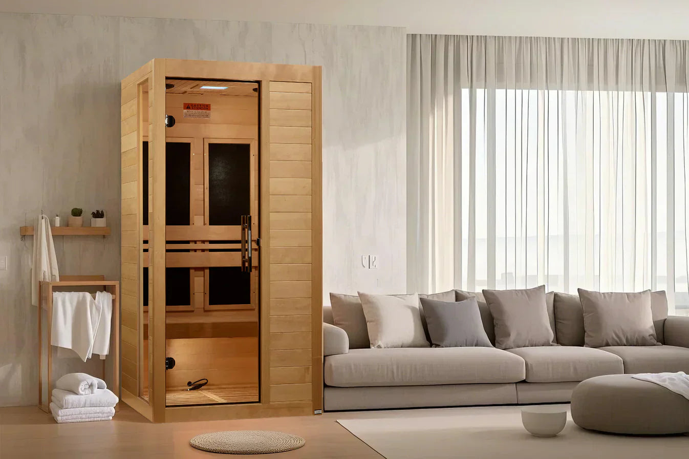 Dynamic Veneto indoor infrared sauna 1–2 person model with modern glass door and removable bench seating design