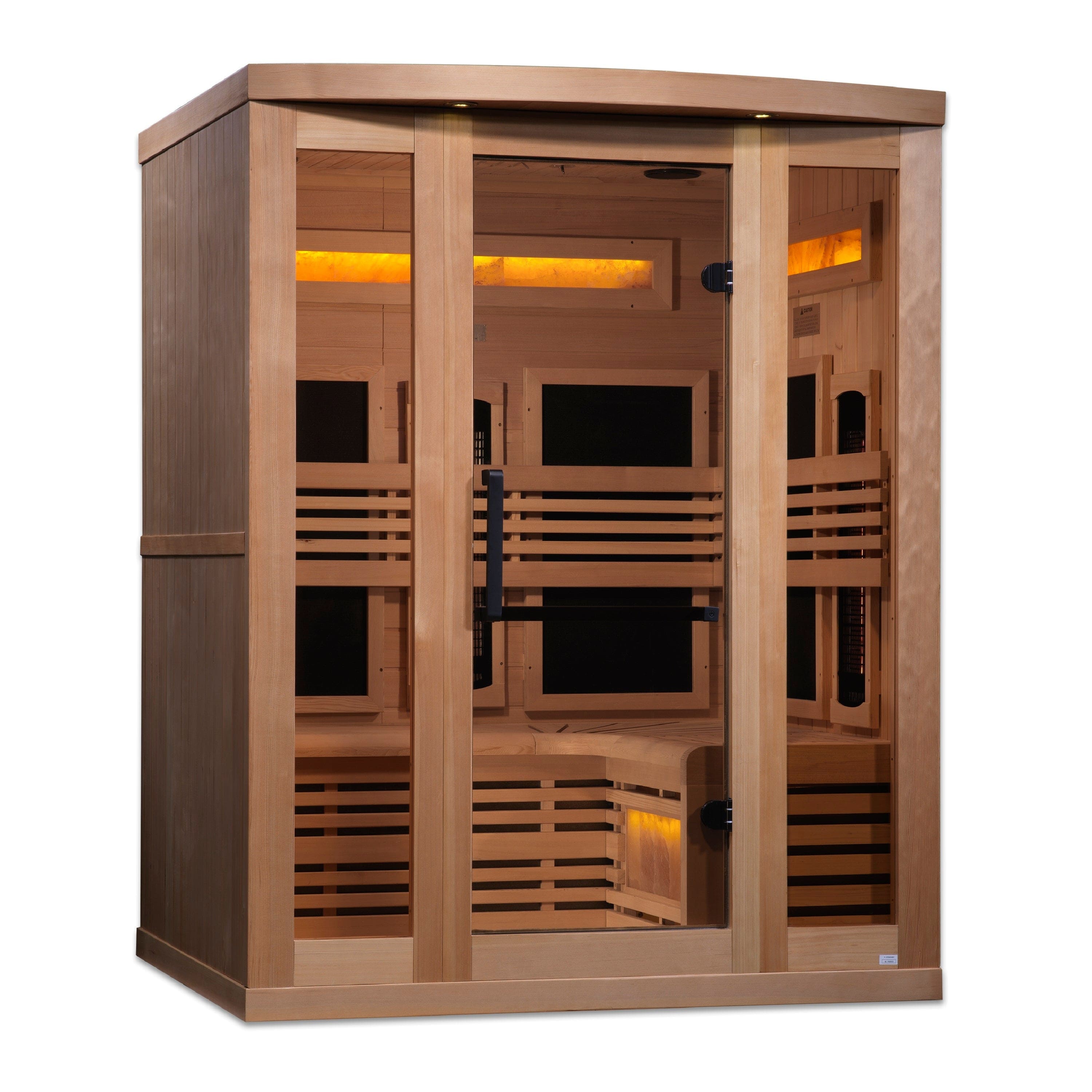 Golden Designs Reserve Edition GDI-8230-01 Full Spectrum Infrared Sauna for 3 people featuring Canadian Hemlock construction, Himalayan salt bars, chromotherapy lighting, and modern wellness-focused design.