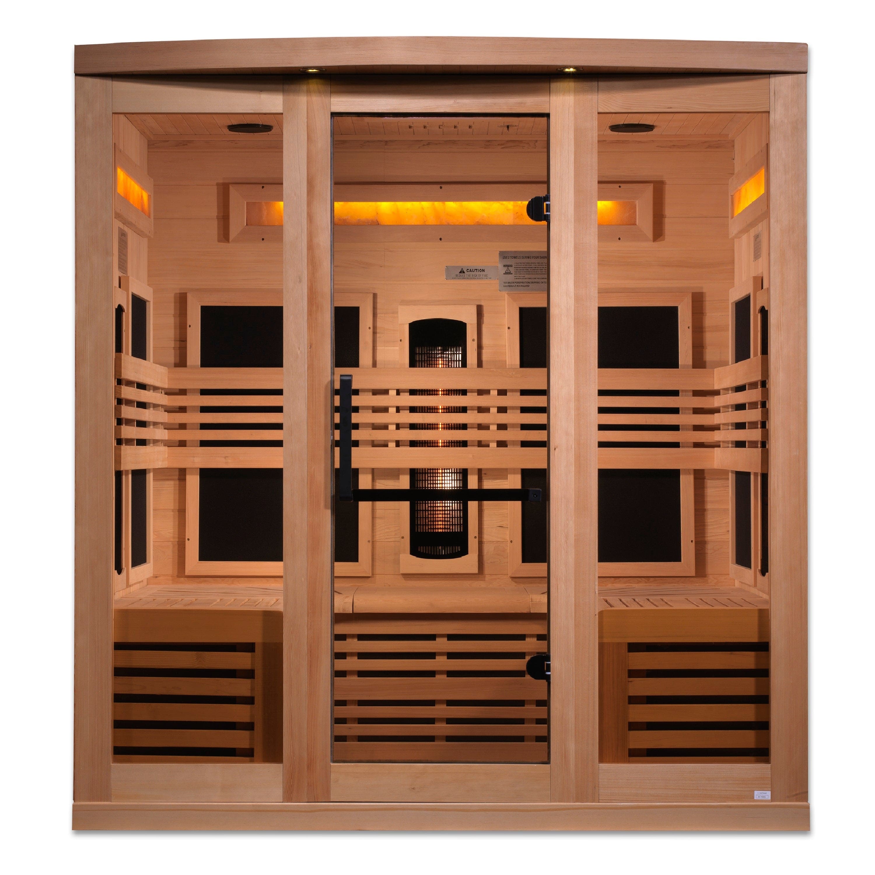 Interior of Golden Designs Reserve Edition sauna showcasing integrated glowing Himalayan salt bars for enhanced air quality and therapeutic wellness.