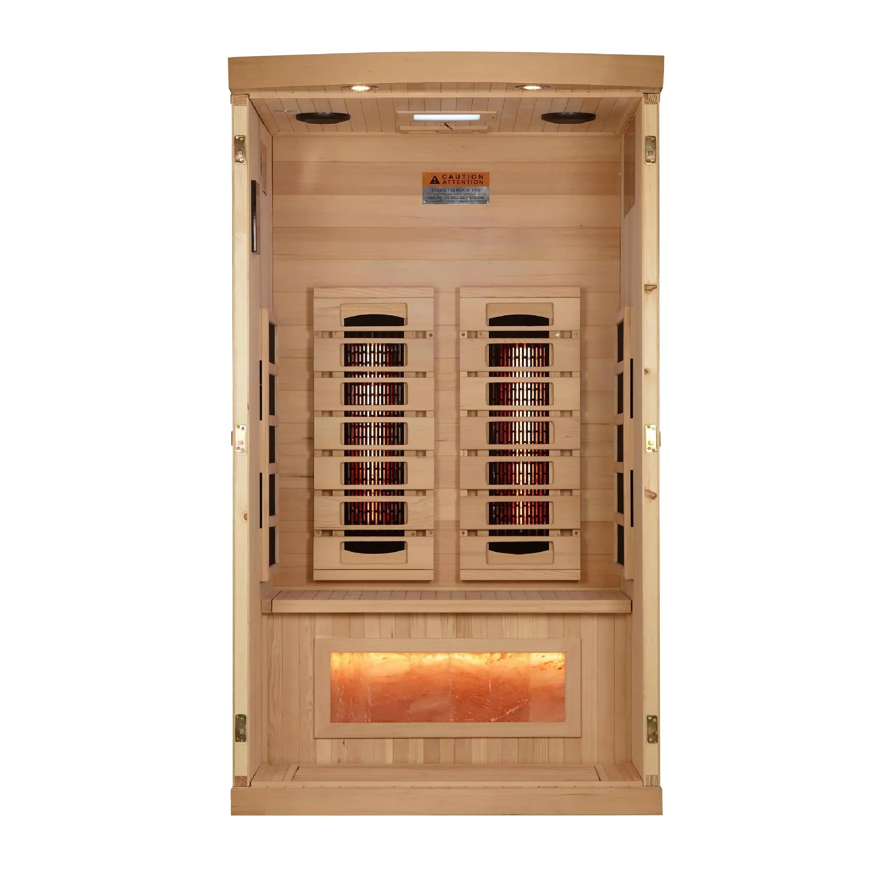 Golden Designs Reserve Edition GDI-8010-03 Full Spectrum Sauna with Himalayan Salt Bar, premium 1-2 person indoor infrared sauna for therapeutic heat and stress relief.