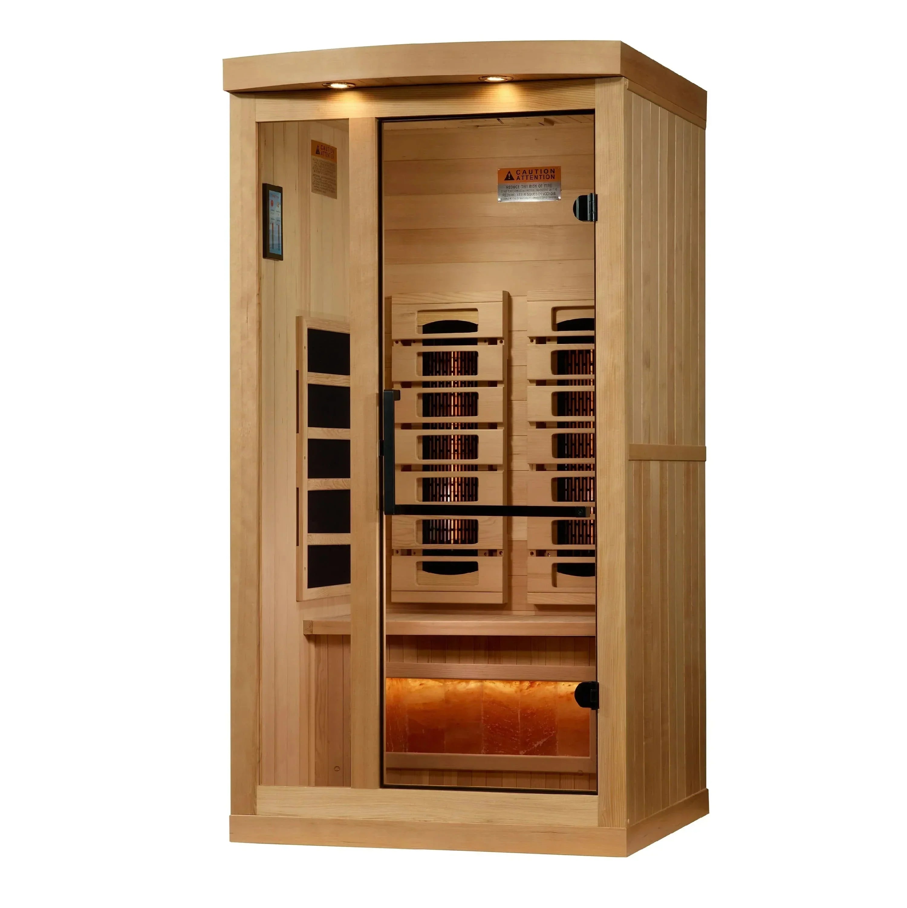 Golden Designs 2025 Reserve Edition 1-2 Person Full Spectrum Infrared Sauna featuring a Himalayan Salt Bar, compact luxury sauna for home wellness, relaxation, and rejuvenation.