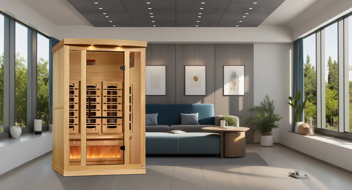 Luxury 2-person full spectrum infrared sauna with Himalayan salt bar, ergonomic seating, and warm Hemlock wood finish for wellness and stress relief