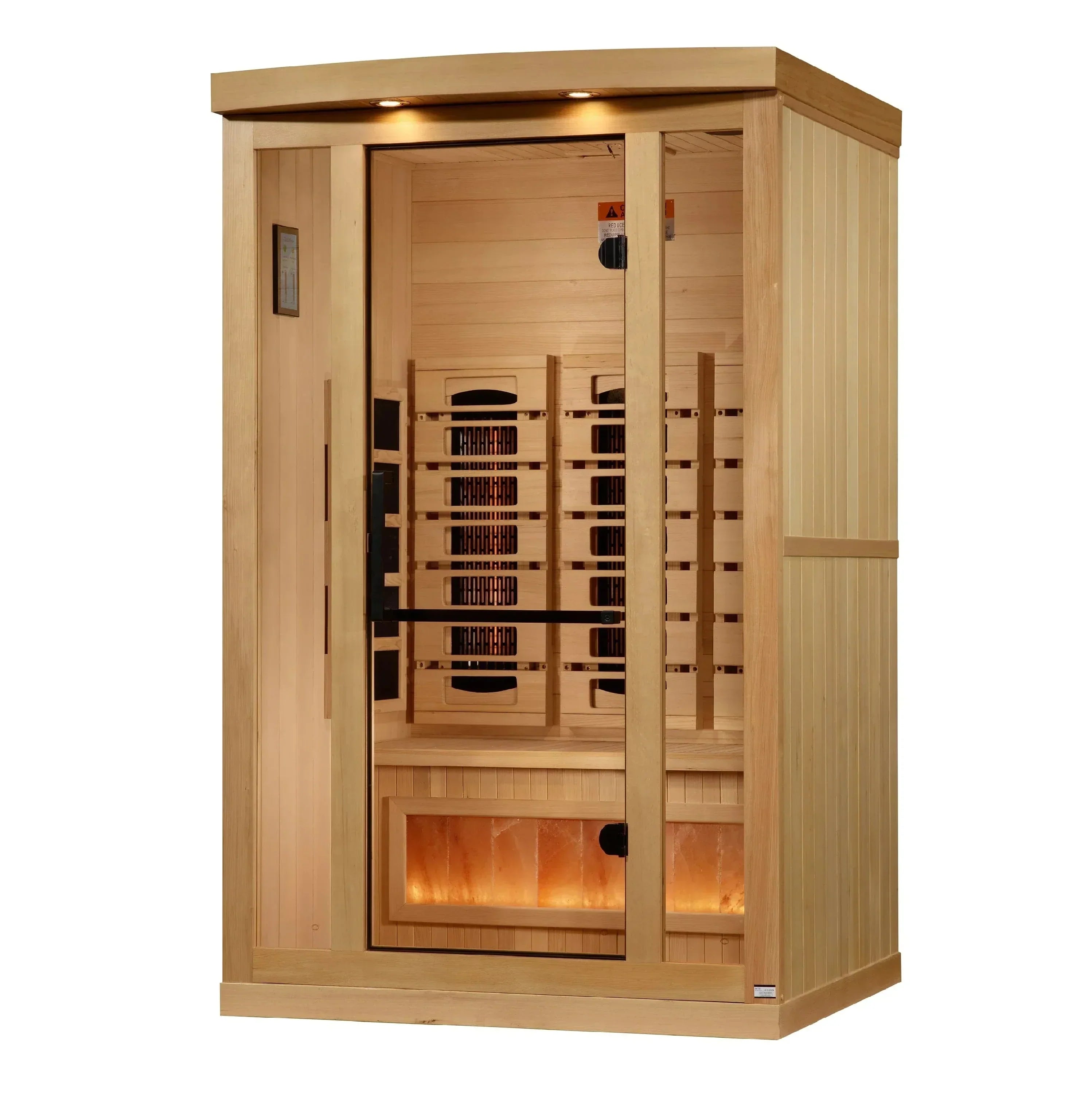 Cozy interior layout of the GDI-8020-03 indoor sauna showing natural Canadian Hemlock wood bench seating and advanced full spectrum infrared heating panels.