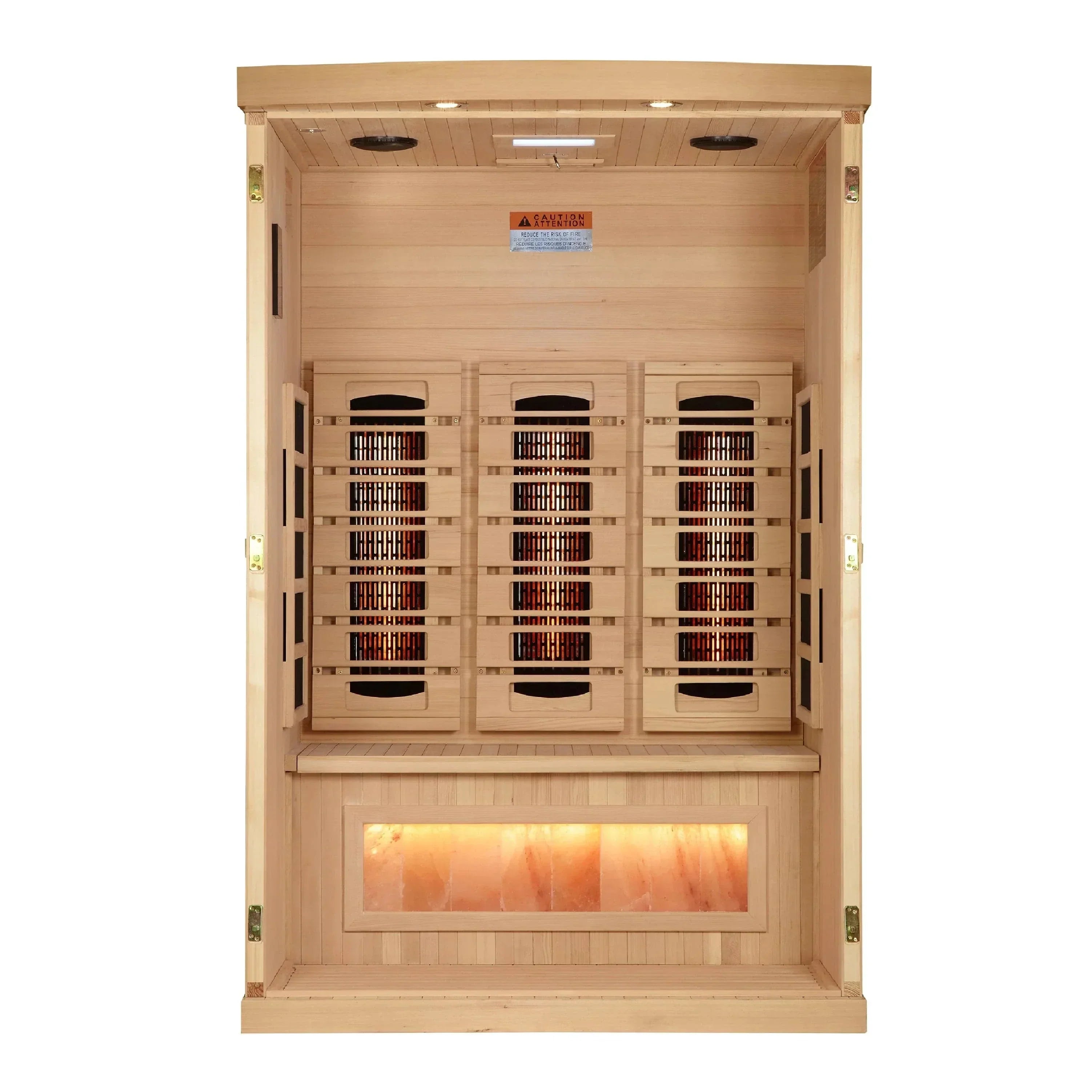 Golden Designs 2-person Reserve Edition full spectrum sauna installed in a luxury master bathroom corner with ambient chromotherapy lighting turned on.
