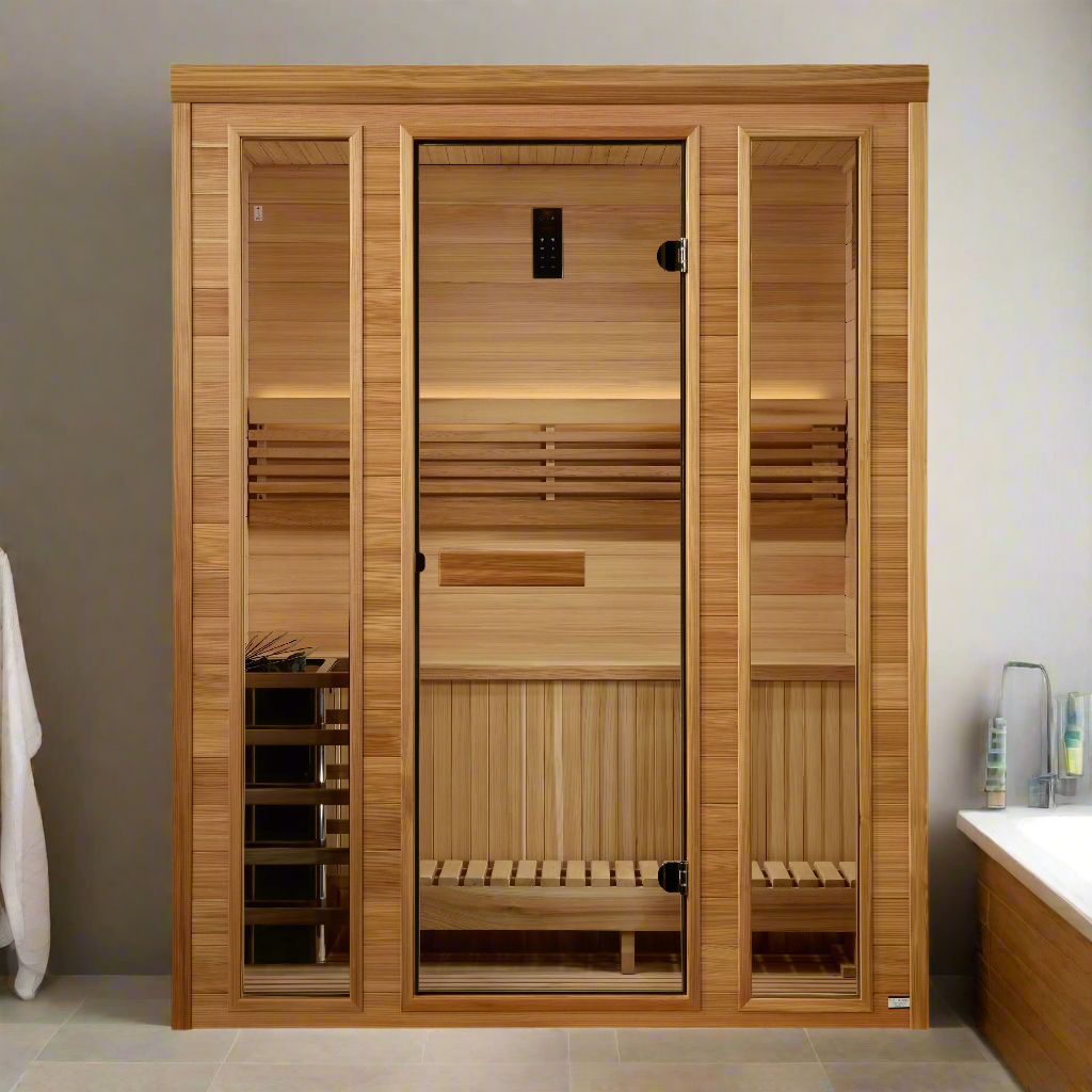 Golden Designs GDI-7030-01 Andermatt Edition 3 person home sauna featuring natural cedar wood construction and traditional steam heat