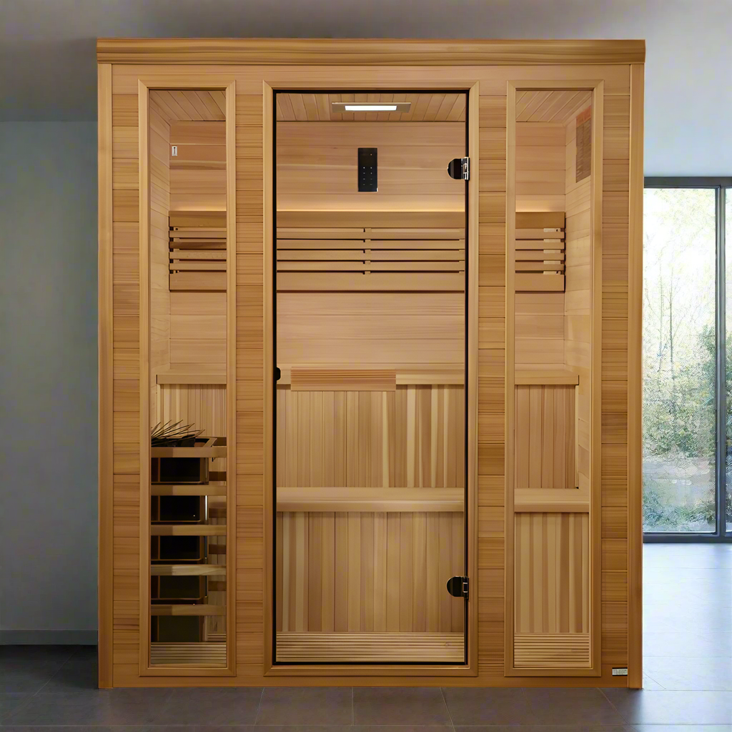 Luxury 6 Person Traditional Steam Sauna by Golden Designs Engelberg Edition offering a spacious cabin design and classic heat therapy experience for home wellness.