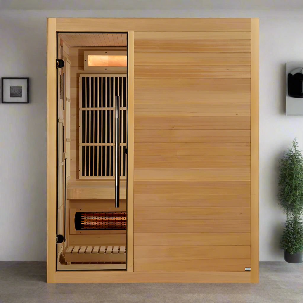 Harvia 6KW electric sauna stove combined with full spectrum infrared heater panels for hybrid indoor sauna system
